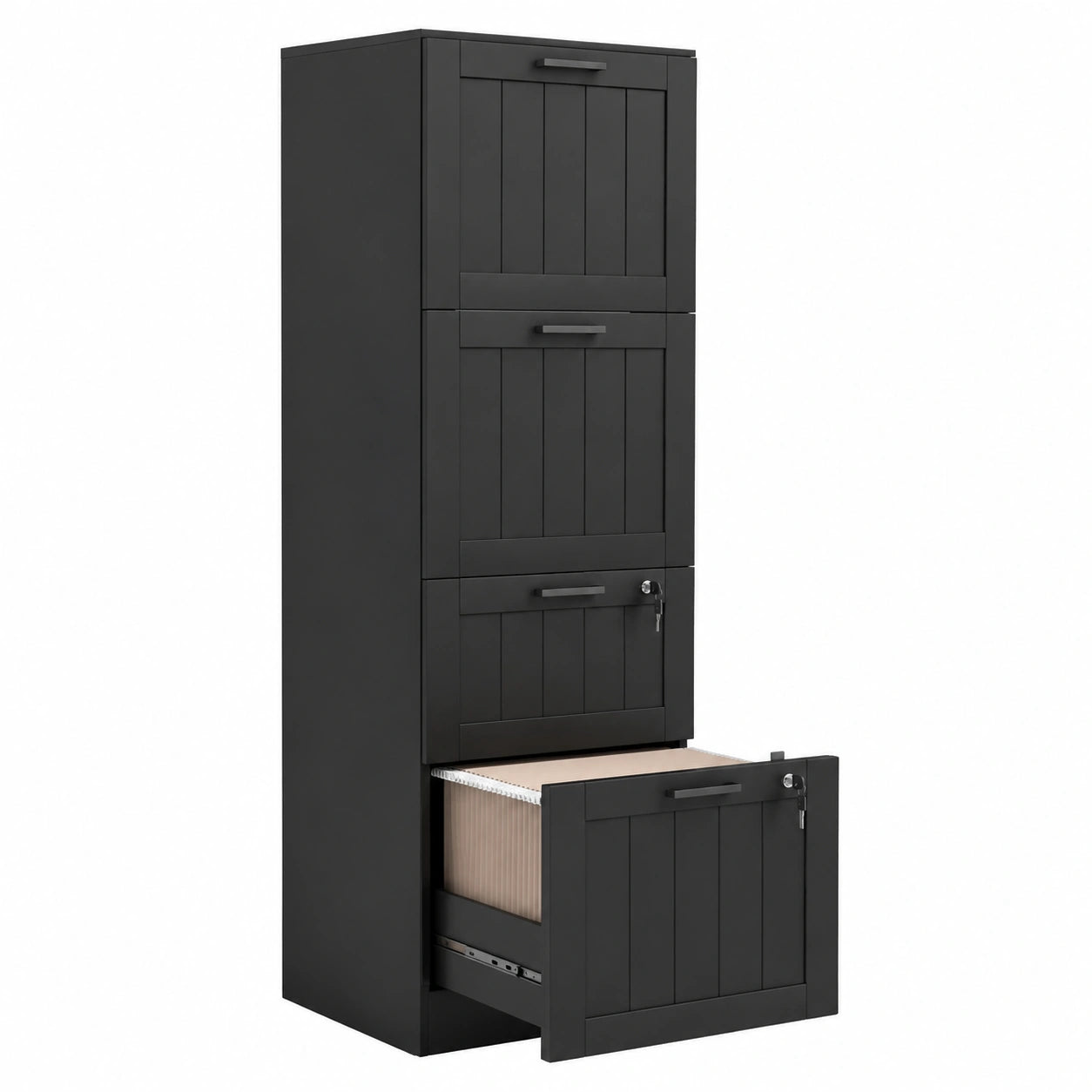 Cassettiera Portadocumenti a 4 Cassetti MDF 40 × 40 × 131 cm Nero, Binario Regolabile, 2 Chiavi, 2 Serrature, Mobiletto da Ufficio