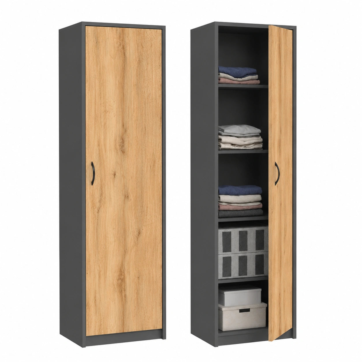 Armadio multiuso con 1 anta e 5 scomparti, armadio universale per ufficio e casa, 180 × 50 × 35 cm (grafite, rovere Wotan)