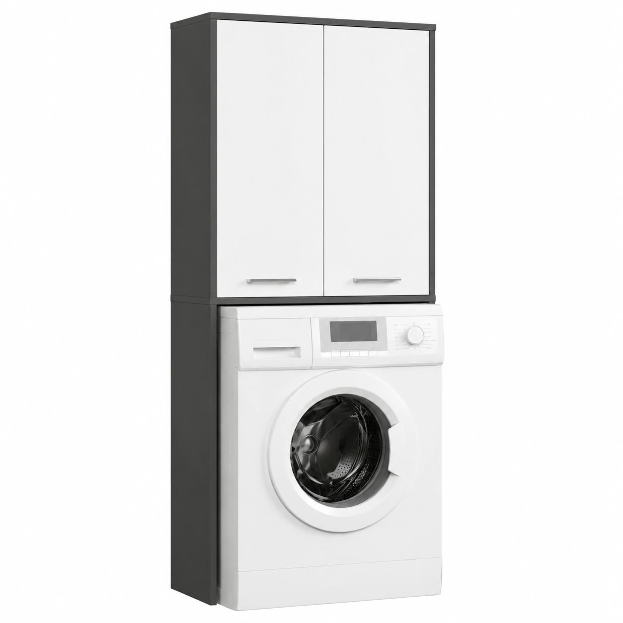 Armadio Pensile per Lavatrice FIN 180, Armadio di trasformazione con 2 Ante, 4 Ripiani, Archivio per bagno, Cassettiera per lavatrice, 64 × 180 × 30