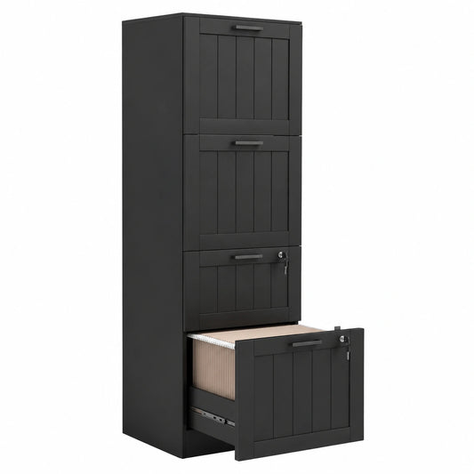 Cassettiera Portadocumenti a 4 Cassetti MDF 40 × 40 × 131 cm Nero, Binario Regolabile, 2 Chiavi, 2 Serrature, Mobiletto da Ufficio