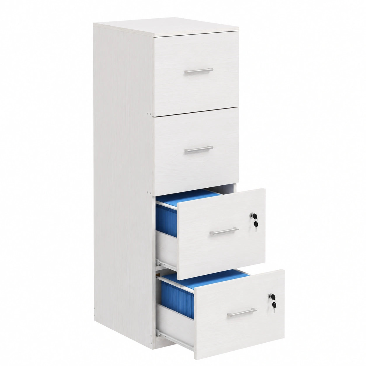 Schedario da Ufficio 4 Cassetti con Chiavi 40 × 42 × 131 cm Bianco, Cassettiera Ufficio, Serratura, per Lettera, Formato A4, Armadietto Verticale