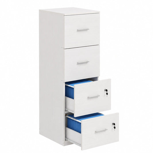 Schedario da Ufficio 4 Cassetti con Chiavi 40 × 42 × 131 cm Bianco, Cassettiera Ufficio, Serratura, per Lettera, Formato A4, Armadietto Verticale