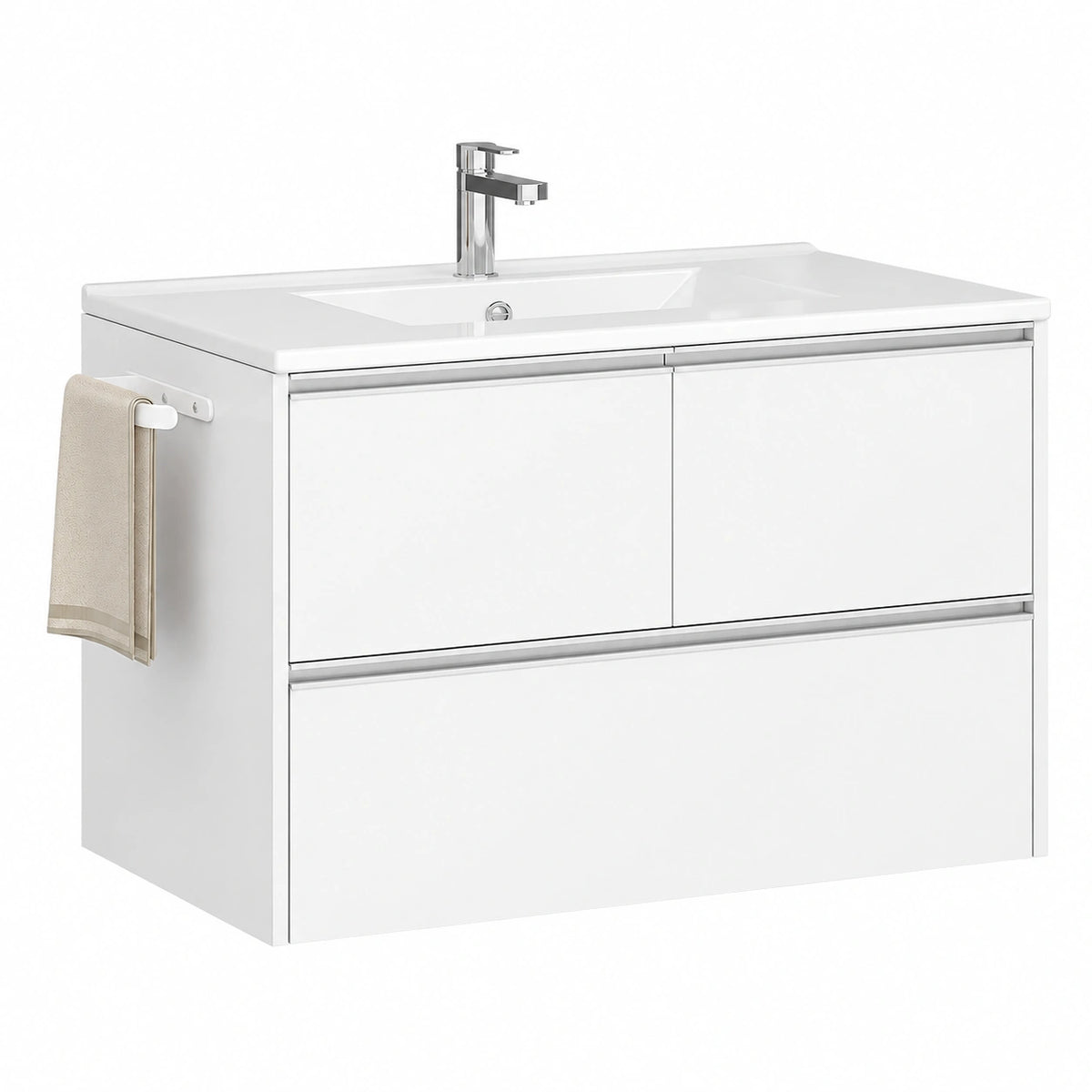 Hzuaneri Mobiletto da Bagno Sospeso a Parete, con Lavabo Integrato, 2 Porte, 1 Cassetto Grande, Portasciugamani