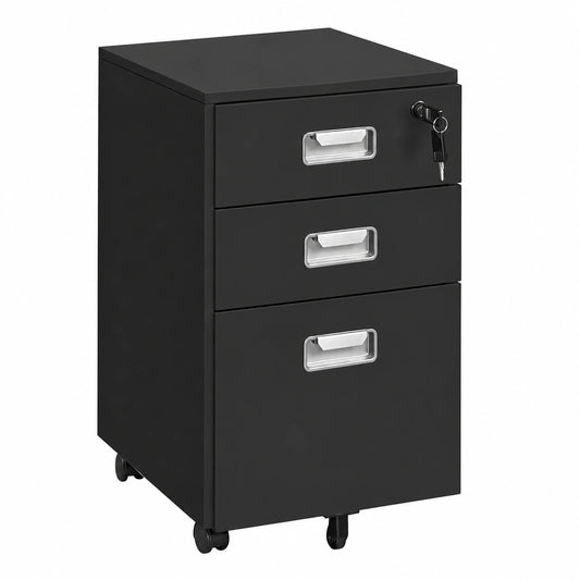 Cassettiera da Scrivania con 3 Cassetti Salvaspazio, Archivio Schedario Portadocumenti Mobiletto da Ufficio Rimovibile con Ruote per Ufficio Studio